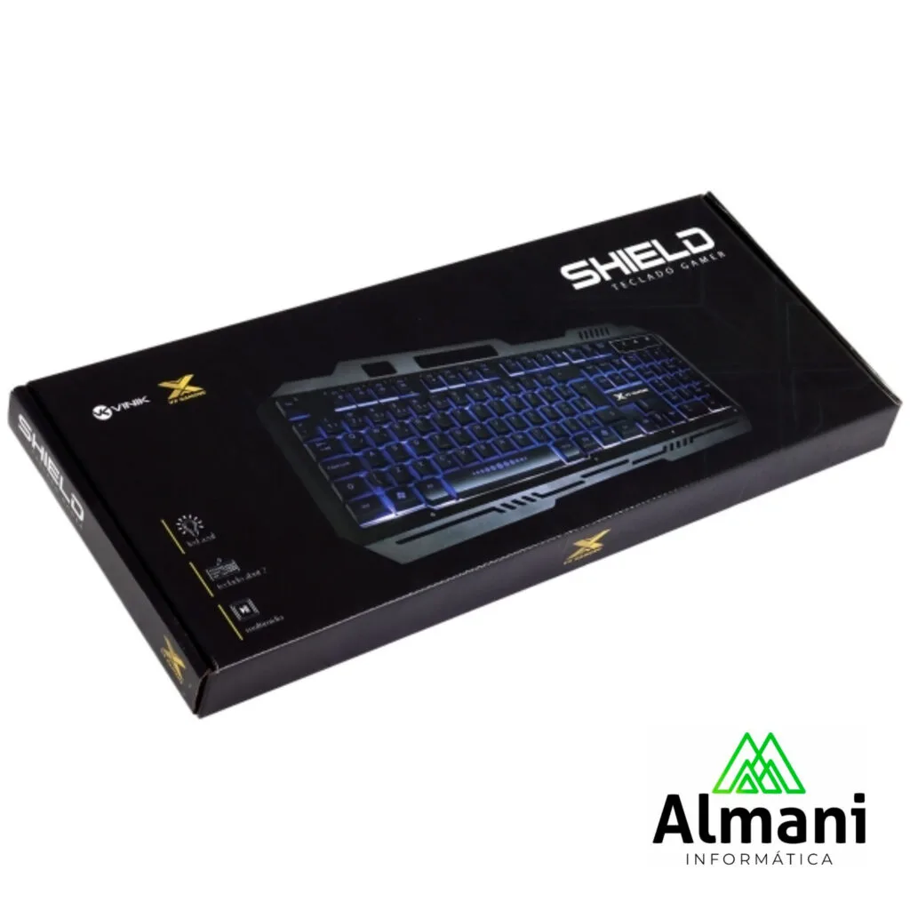 TECLADO GAMER SHIELD ABNT2 MULTIMIDIA LED AZUL 1.8 METROS USB TOPO EM METAL SENSACAO MECANICA - GT600